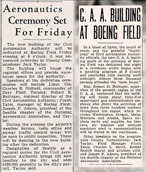 Newspaper clippings say Aeronautics Ceremony Set for Friday and CAA Building at Boeing Field